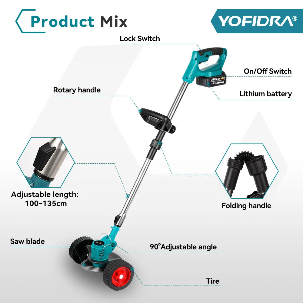 6 Inch 12000RPM Electric Lawn Mower 100-135cm Foldable Trimmer Pruning Cutting Garden Power Tool for Makita Battery Pin